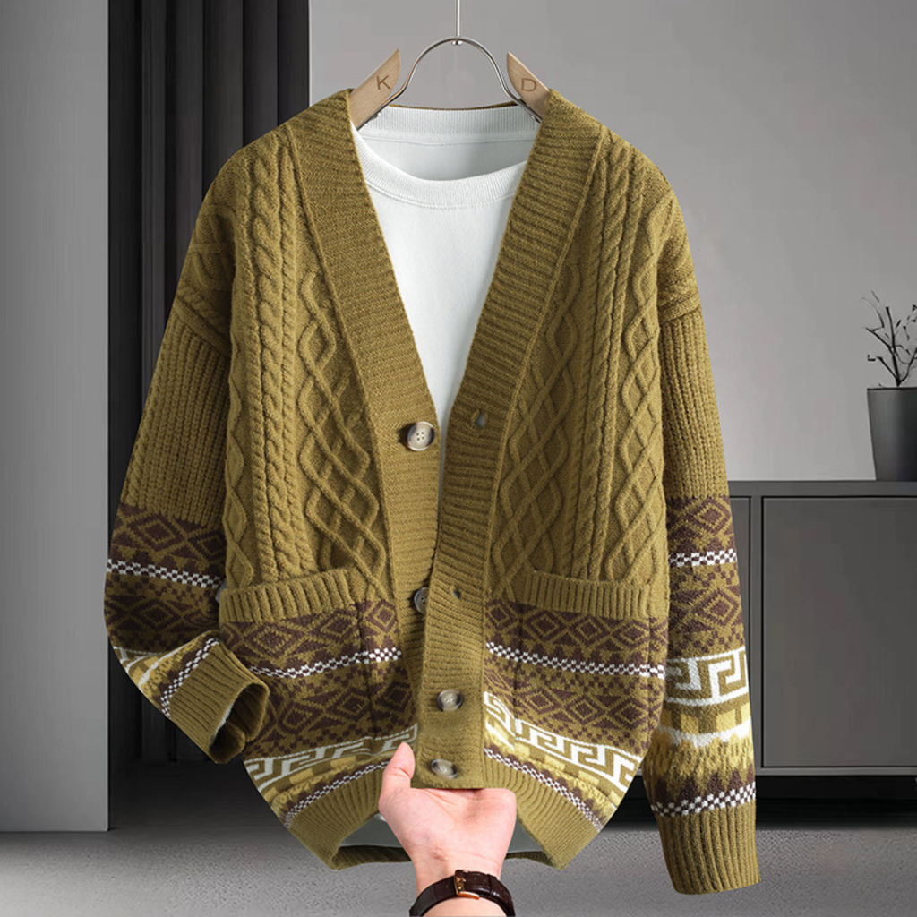 Braided knit cardigan with geometric bands, buttons and patch pockets