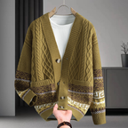 Braided knit cardigan with geometric bands, buttons and patch pockets