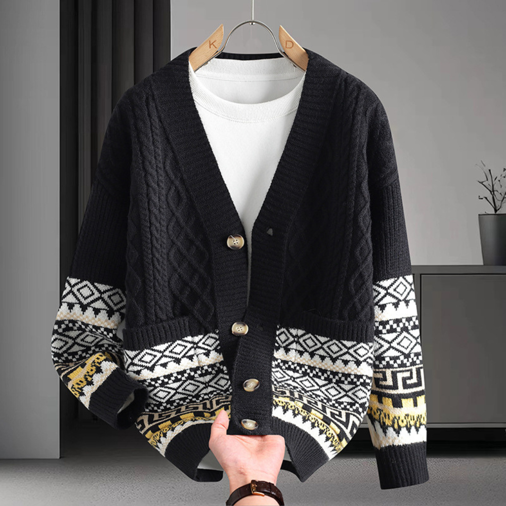 Braided knit cardigan with geometric bands, buttons and patch pockets