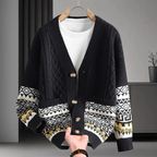 Braided knit cardigan with geometric bands, buttons and patch pockets