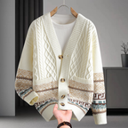 Braided knit cardigan with geometric bands, buttons and patch pockets