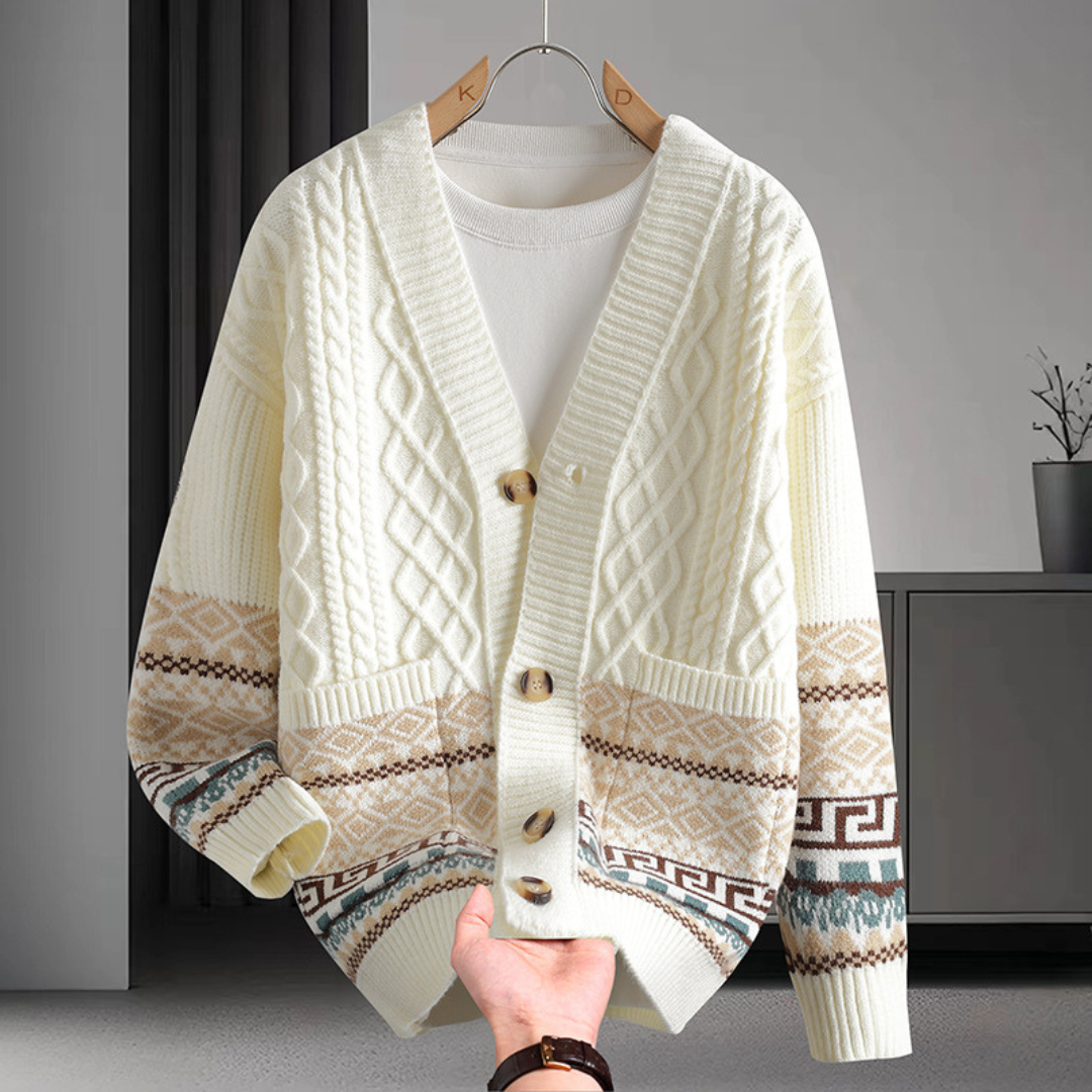 Braided knit cardigan with geometric bands, buttons and patch pockets