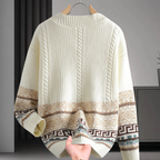 Braided knit cardigan with geometric bands, buttons and patch pockets
