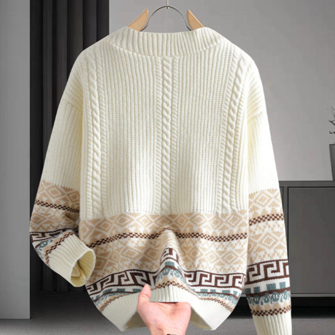 Braided knit cardigan with geometric bands, buttons and patch pockets