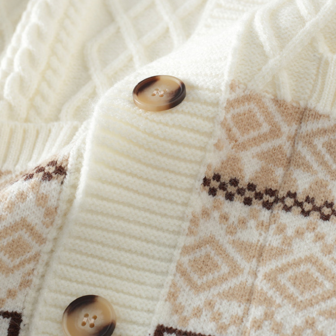 Braided knit cardigan with geometric bands, buttons and patch pockets