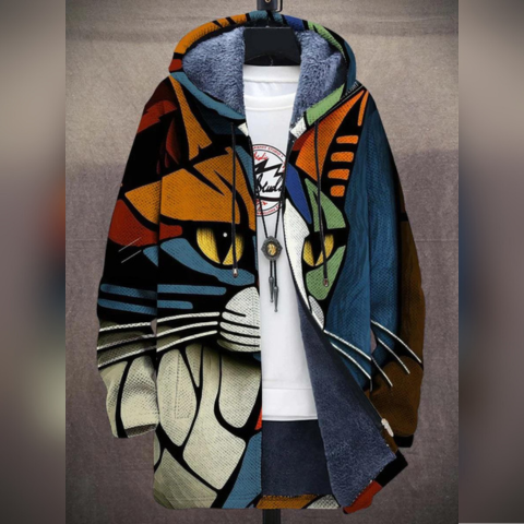 Women's abstract cat print hooded cardigan