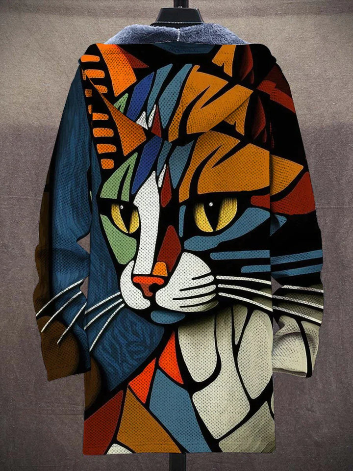 Women's abstract cat print hooded cardigan