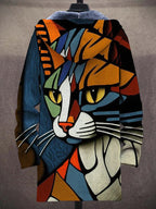 Women's abstract cat print hooded cardigan