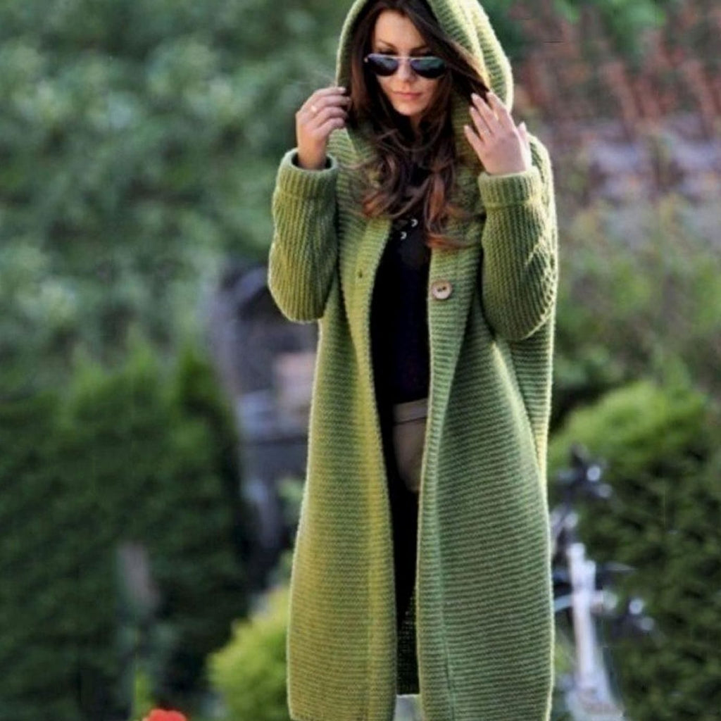Women's longline hooded knit cardigan with buttons and ribbed texture