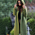 Women's longline hooded knit cardigan with buttons and ribbed texture
