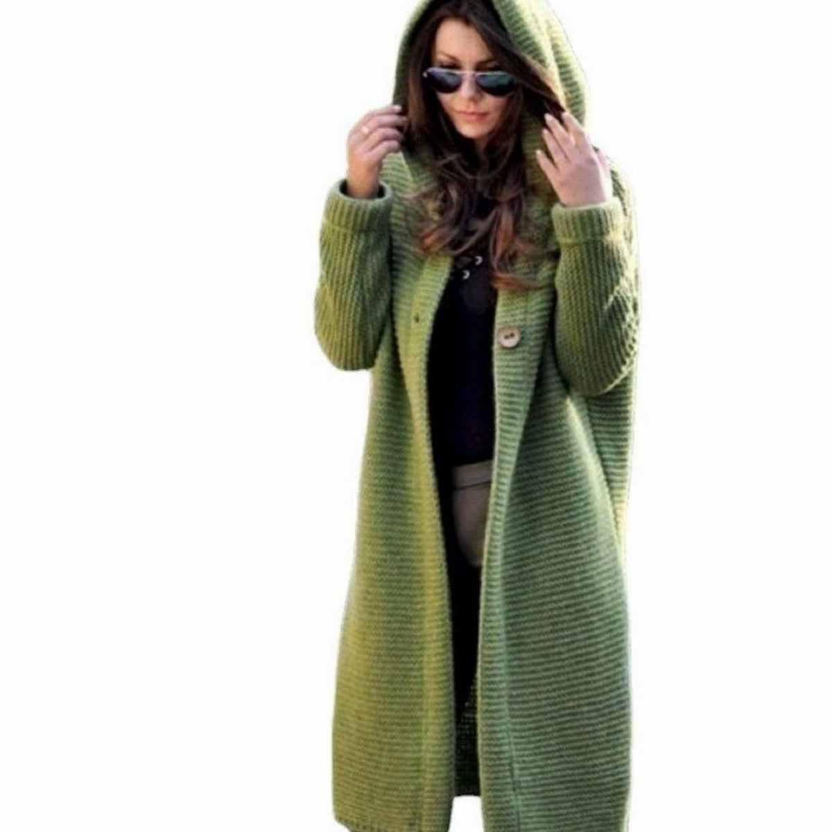 Women's longline hooded knit cardigan with buttons and ribbed texture