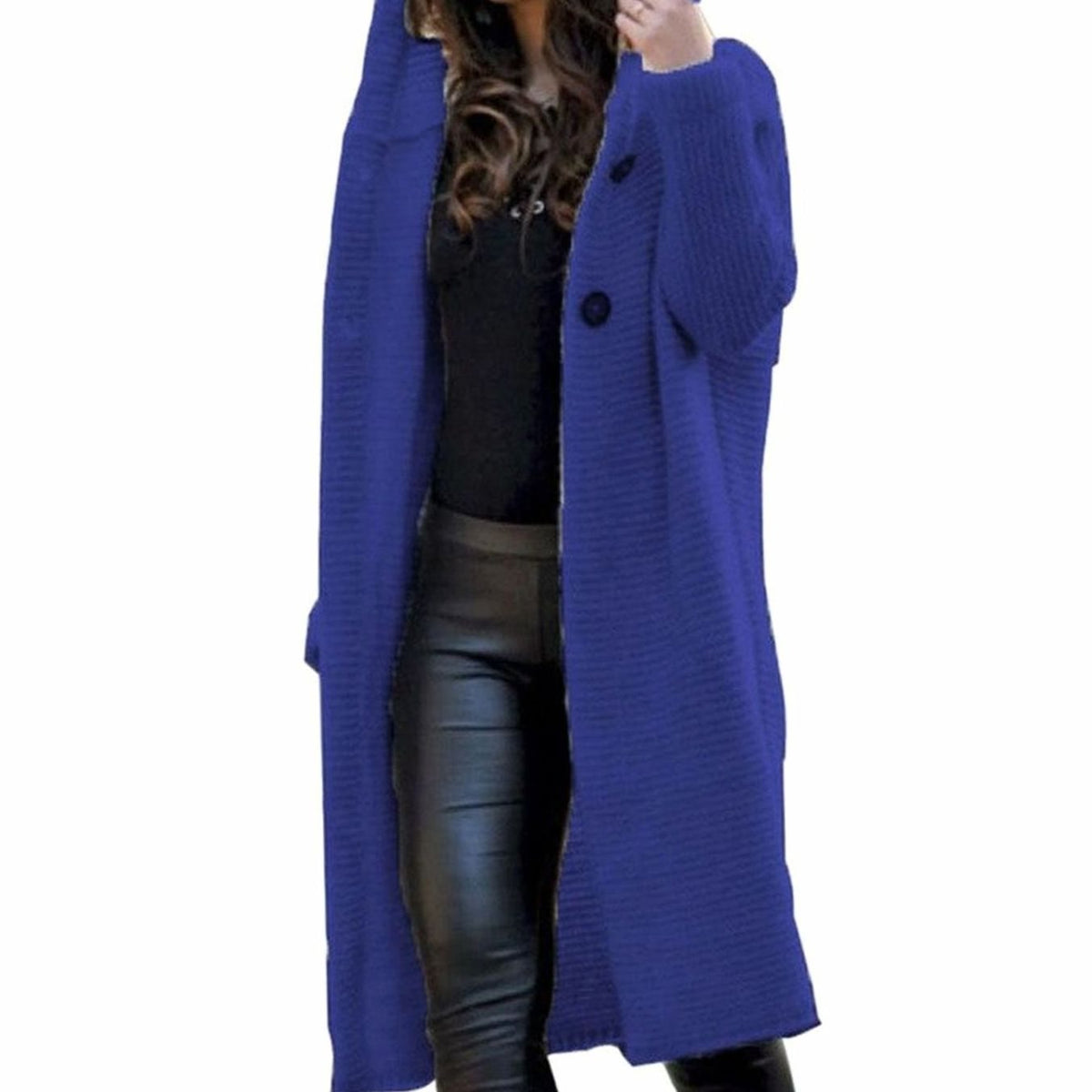 Women's longline hooded knit cardigan with buttons and ribbed texture