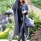 Women's longline hooded knit cardigan with buttons and ribbed texture