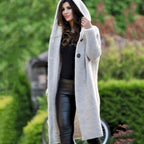 Women's longline hooded knit cardigan with buttons and ribbed texture