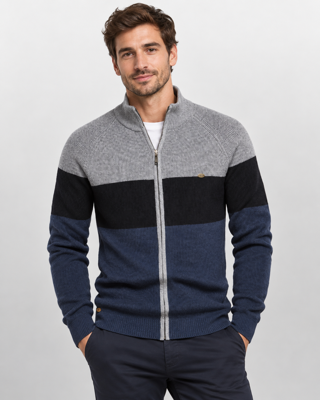 Men's striped colour-block cardigan with mock neck and front zip