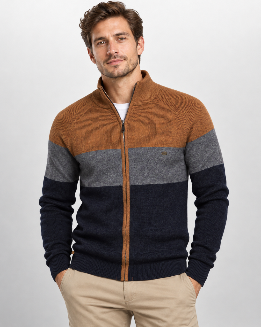 Men's striped colour-block cardigan with mock neck and front zip