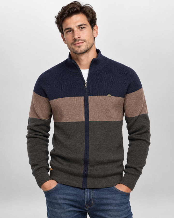 Men's striped colour-block cardigan with mock neck and front zip