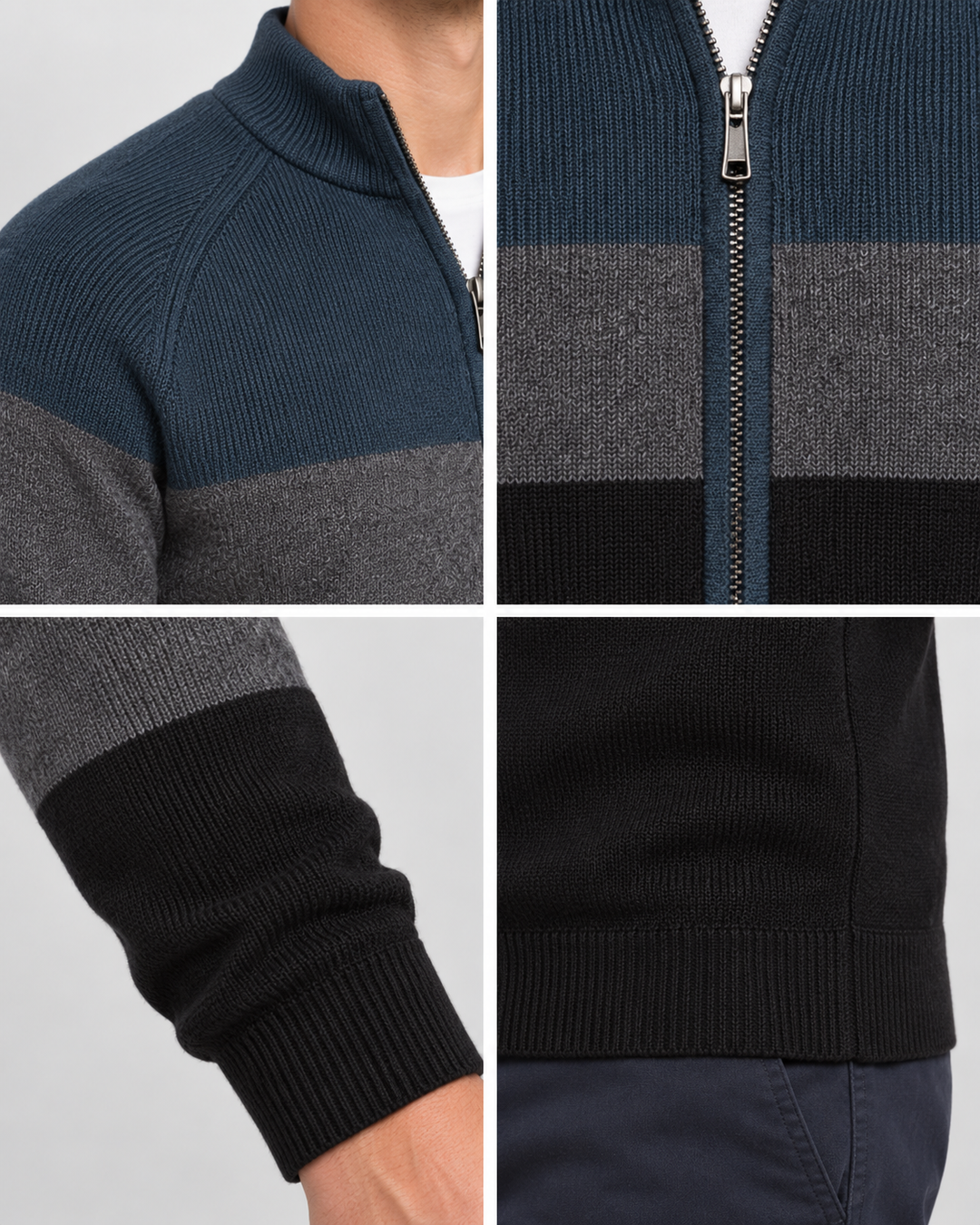 Men's striped colour-block cardigan with mock neck and front zip