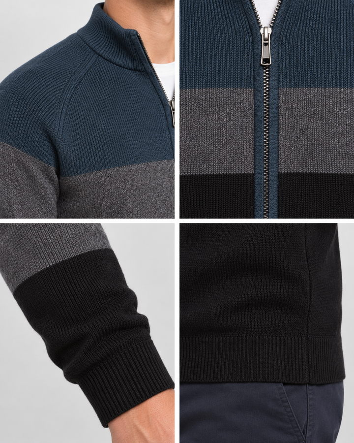 Men's striped colour-block cardigan with mock neck and front zip