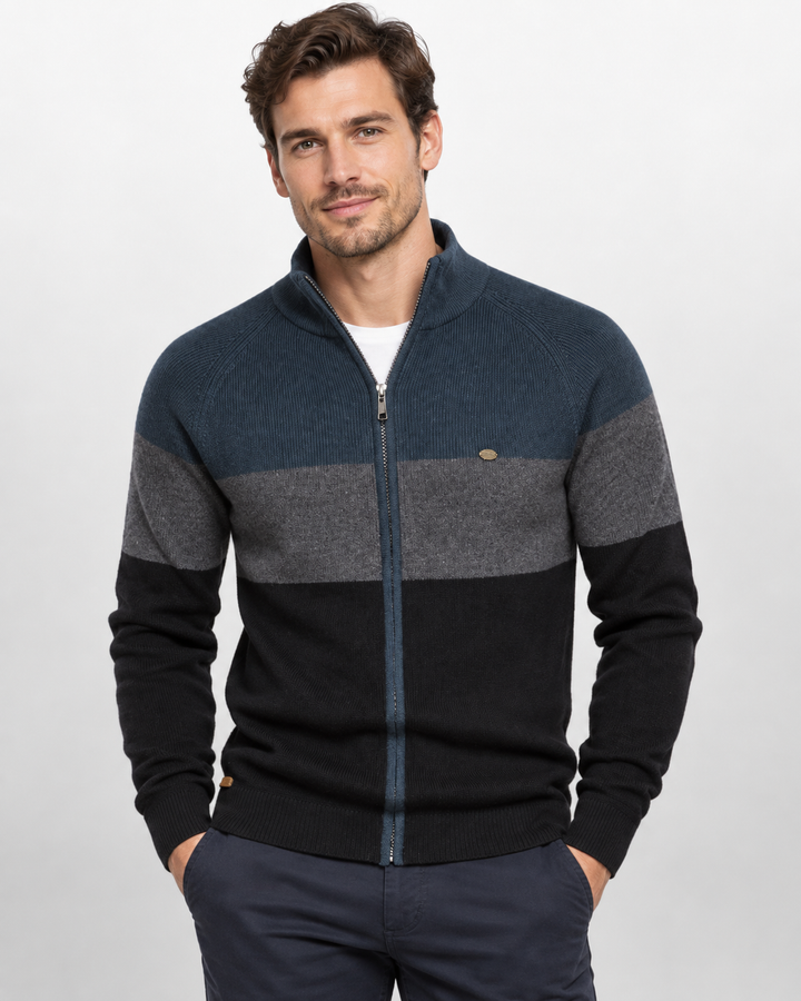 Men's striped colour-block cardigan with mock neck and front zip