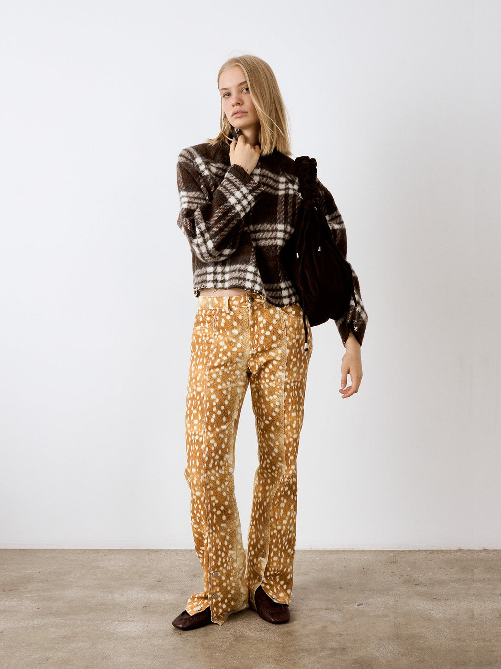 Women's brown plaid cropped jacket with patch pockets