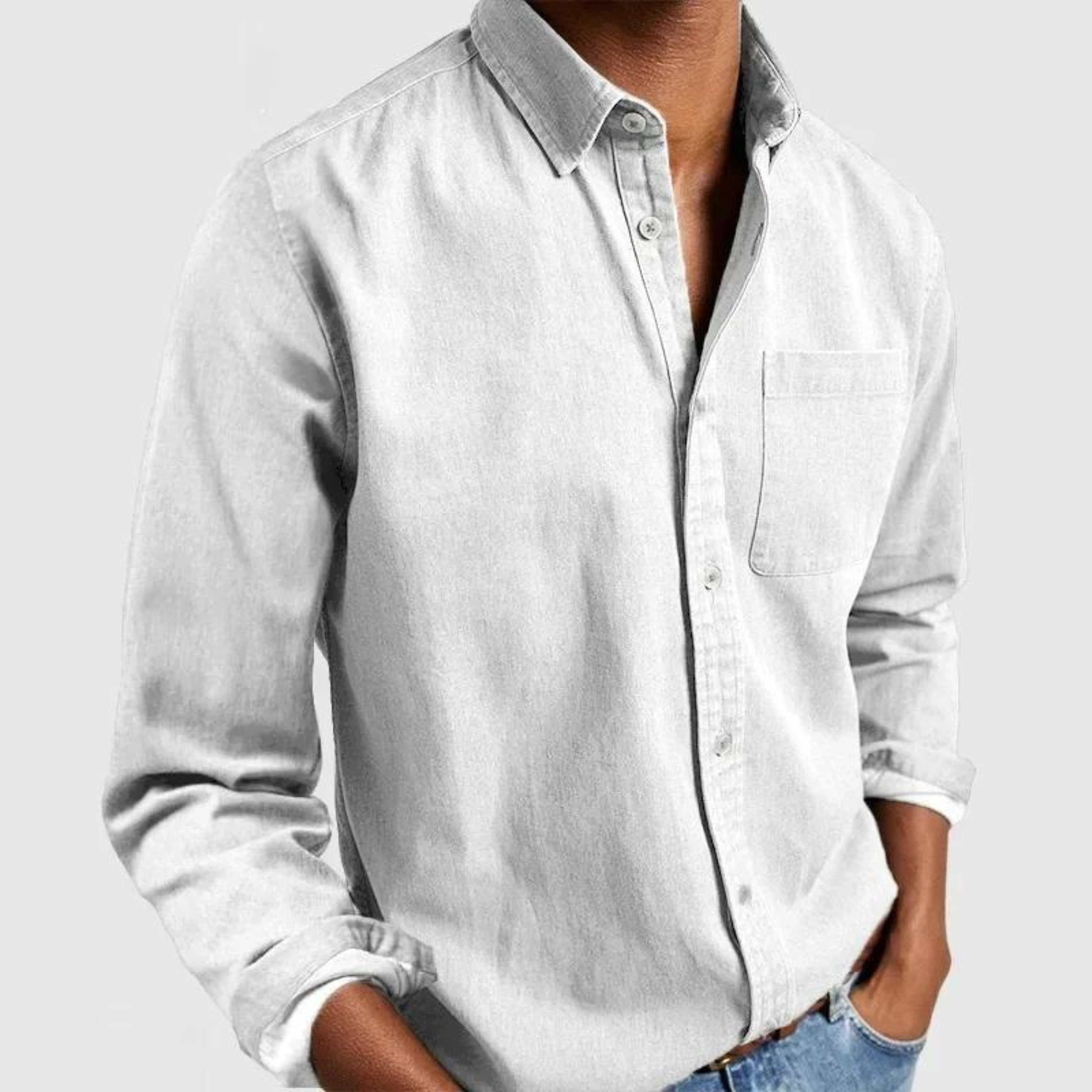 Men's long-sleeve button-up shirt with point collar and chest pocket