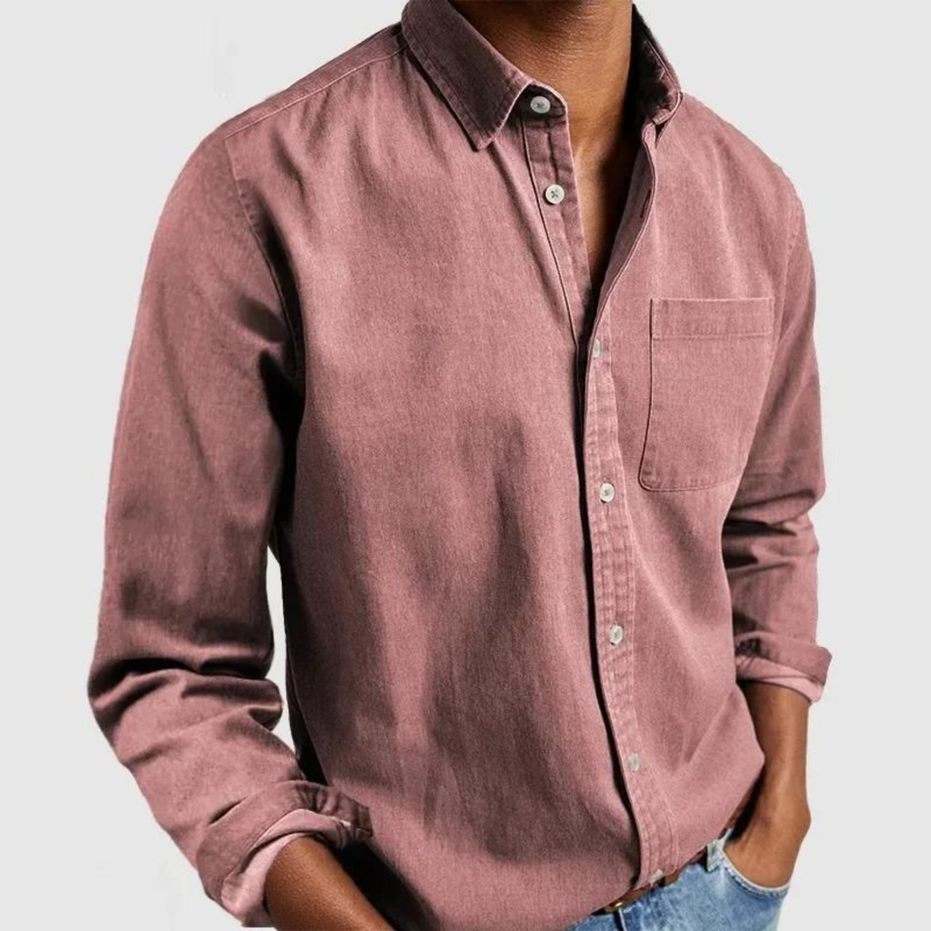Men's long-sleeve button-up shirt with point collar and chest pocket