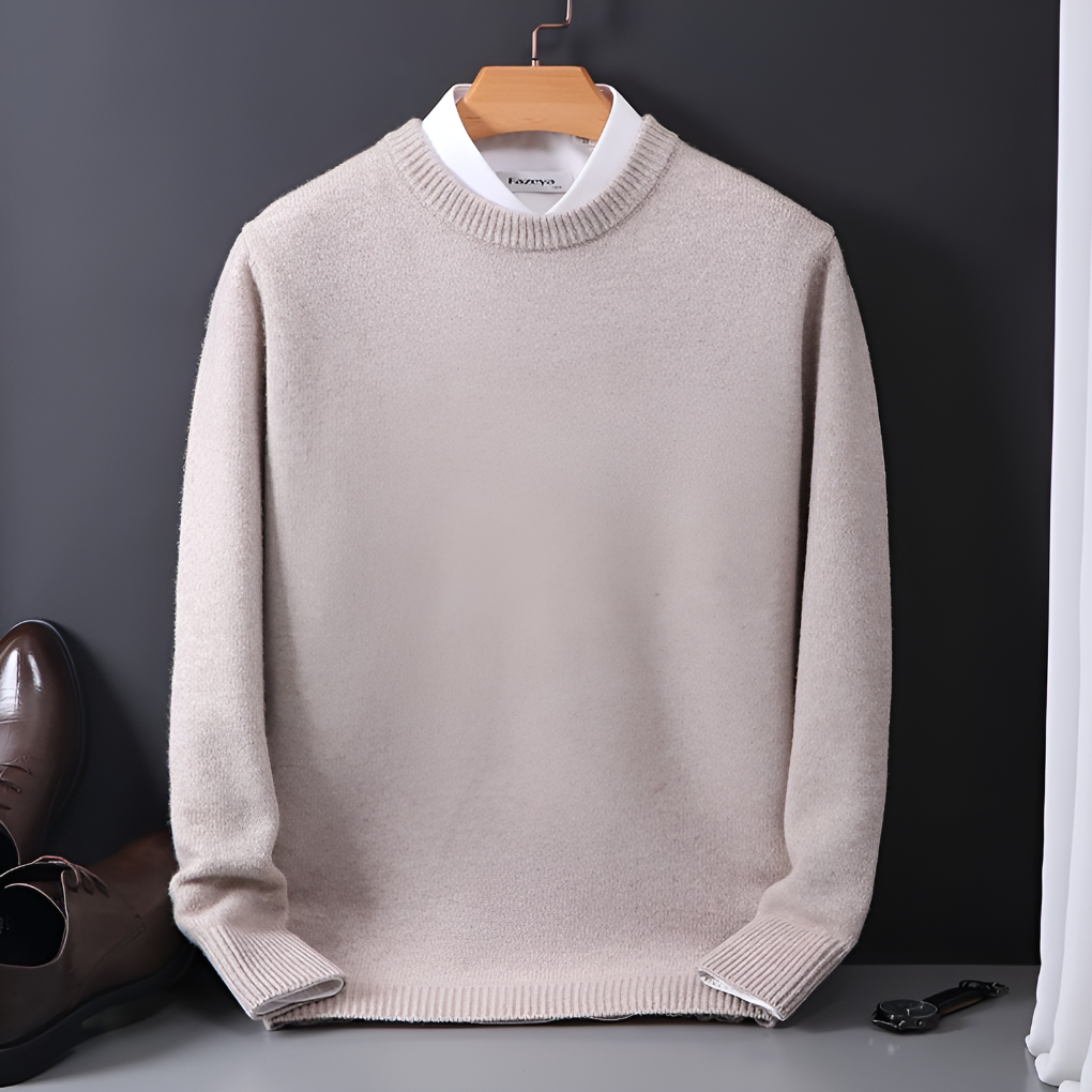 Men's plain crew neck sweater with long sleeves and ribbed trims