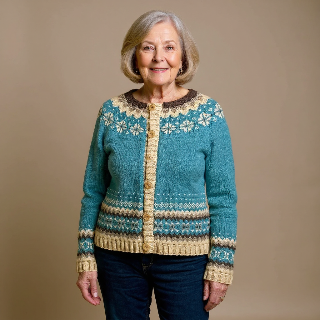 Women's blue-green patterned knit cardigan with button front and long sleeves