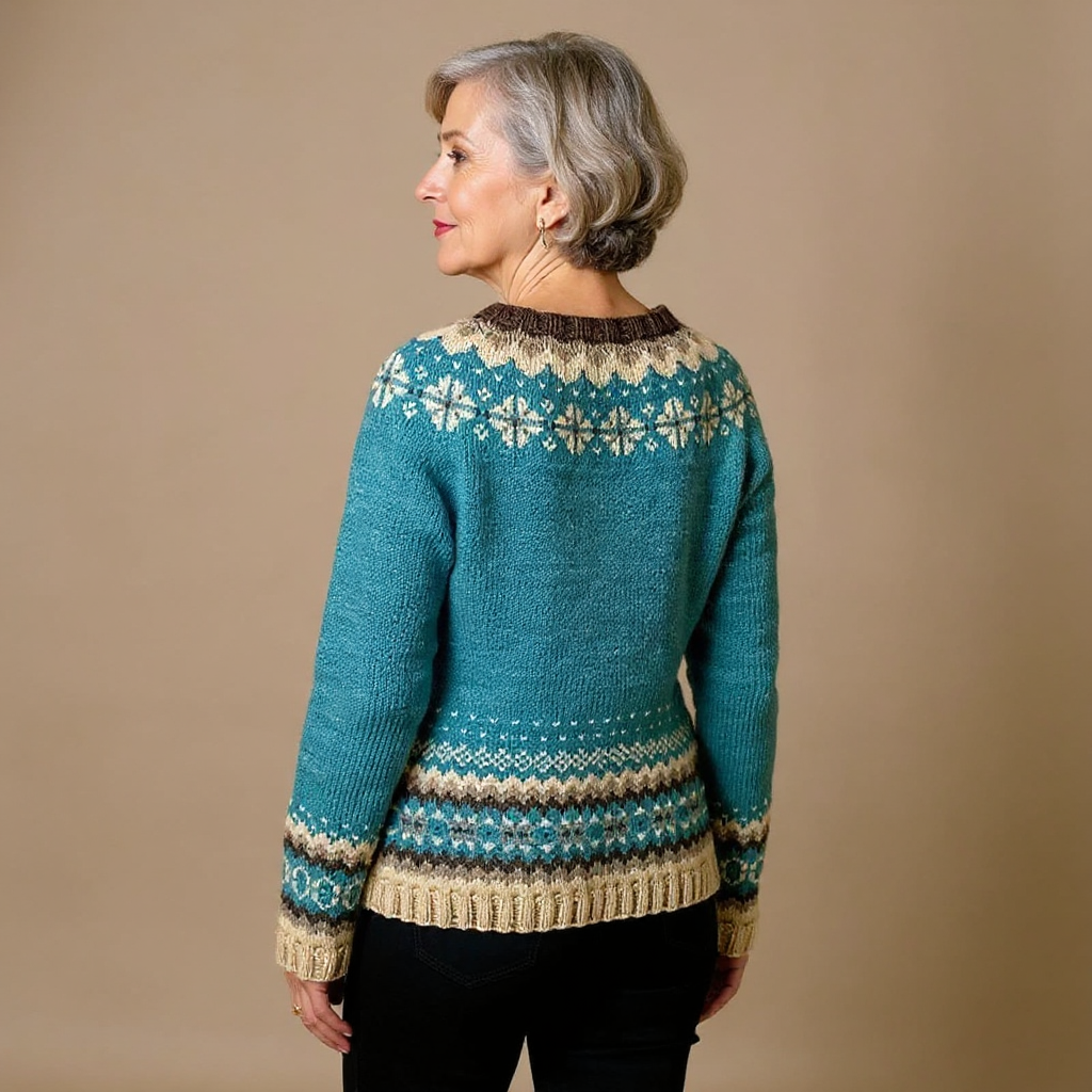 Women's blue-green patterned knit cardigan with button front and long sleeves
