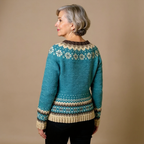 Women's blue-green patterned knit cardigan with button front and long sleeves