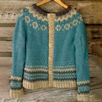 Women's blue-green patterned knit cardigan with button front and long sleeves
