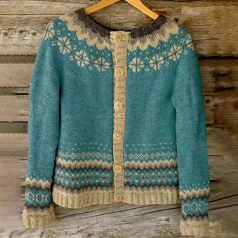 Women's blue-green patterned knit cardigan with button front and long sleeves