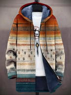 Multicolor art print zip hoodie with blue lined hood
