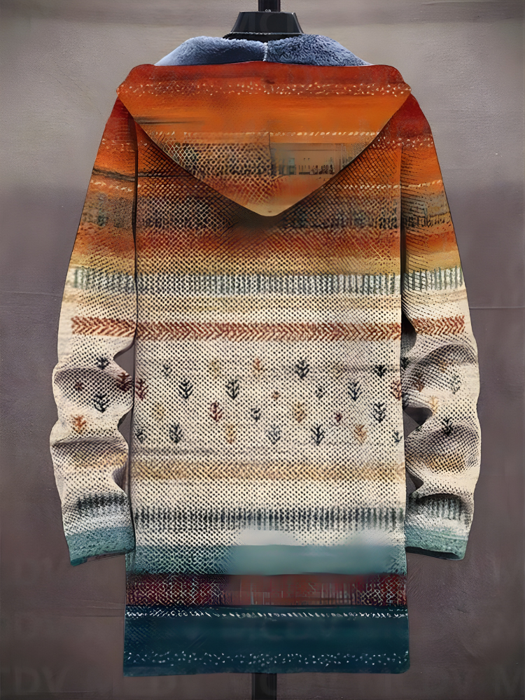 Multicolor art print zip hoodie with blue lined hood
