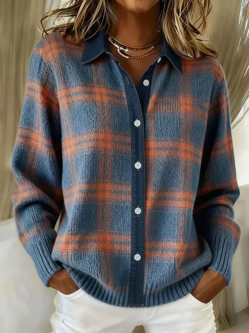 Women's long sleeve plaid button front cardigan with collar