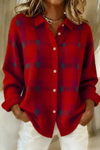 Women's long sleeve plaid button front cardigan with collar