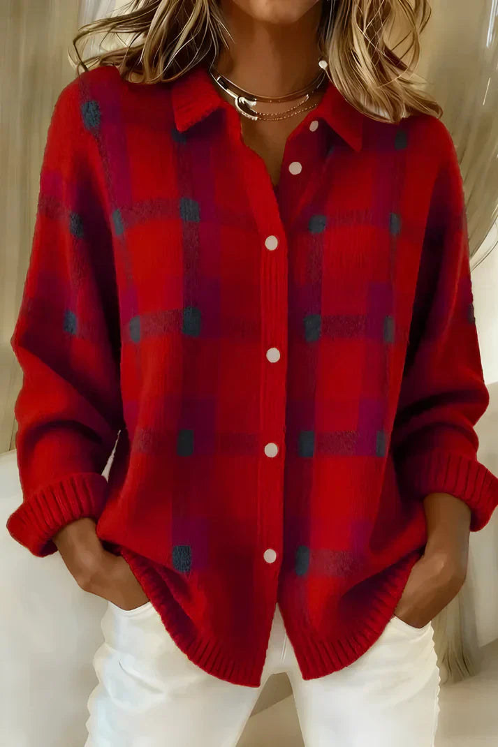 Women's long sleeve plaid button front cardigan with collar