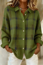 Women's long sleeve plaid button front cardigan with collar
