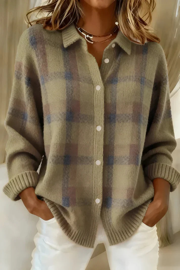 Women's long sleeve plaid button front cardigan with collar