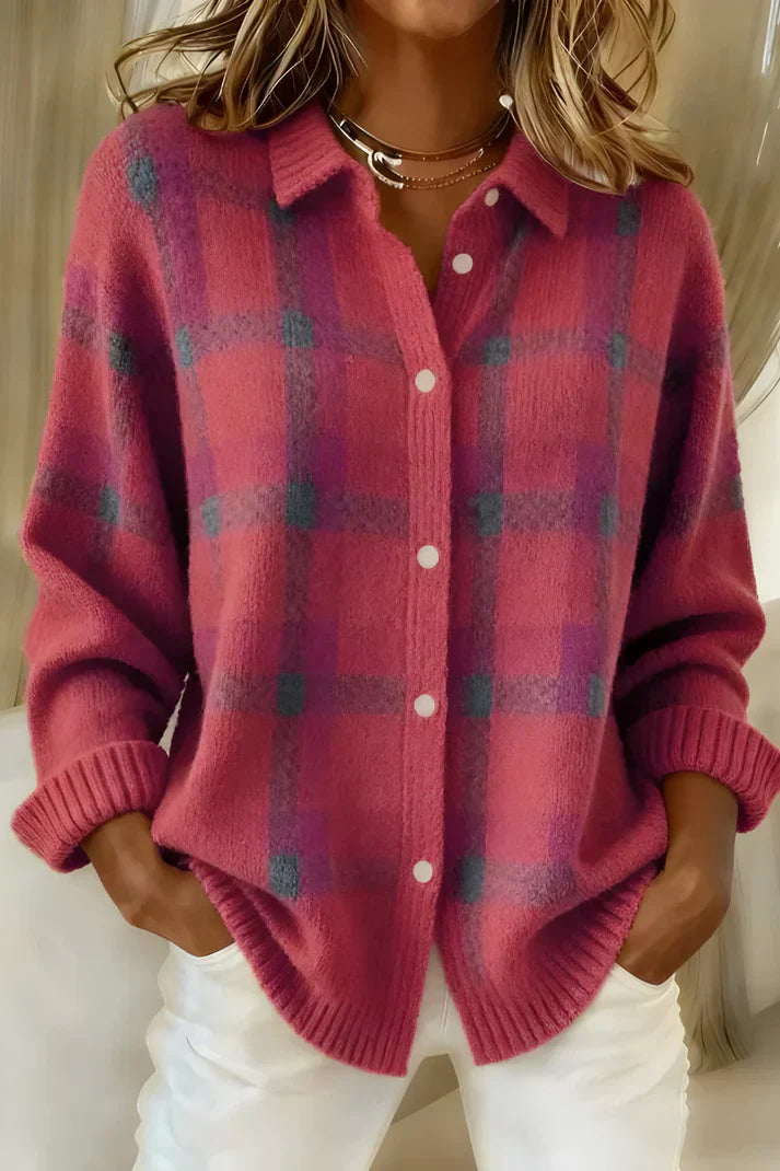 Women's long sleeve plaid button front cardigan with collar