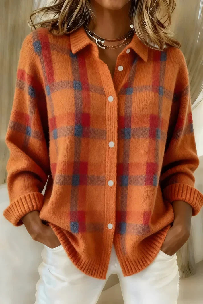 Women's long sleeve plaid button front cardigan with collar