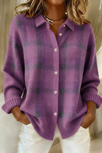 Women's long sleeve plaid button front cardigan with collar