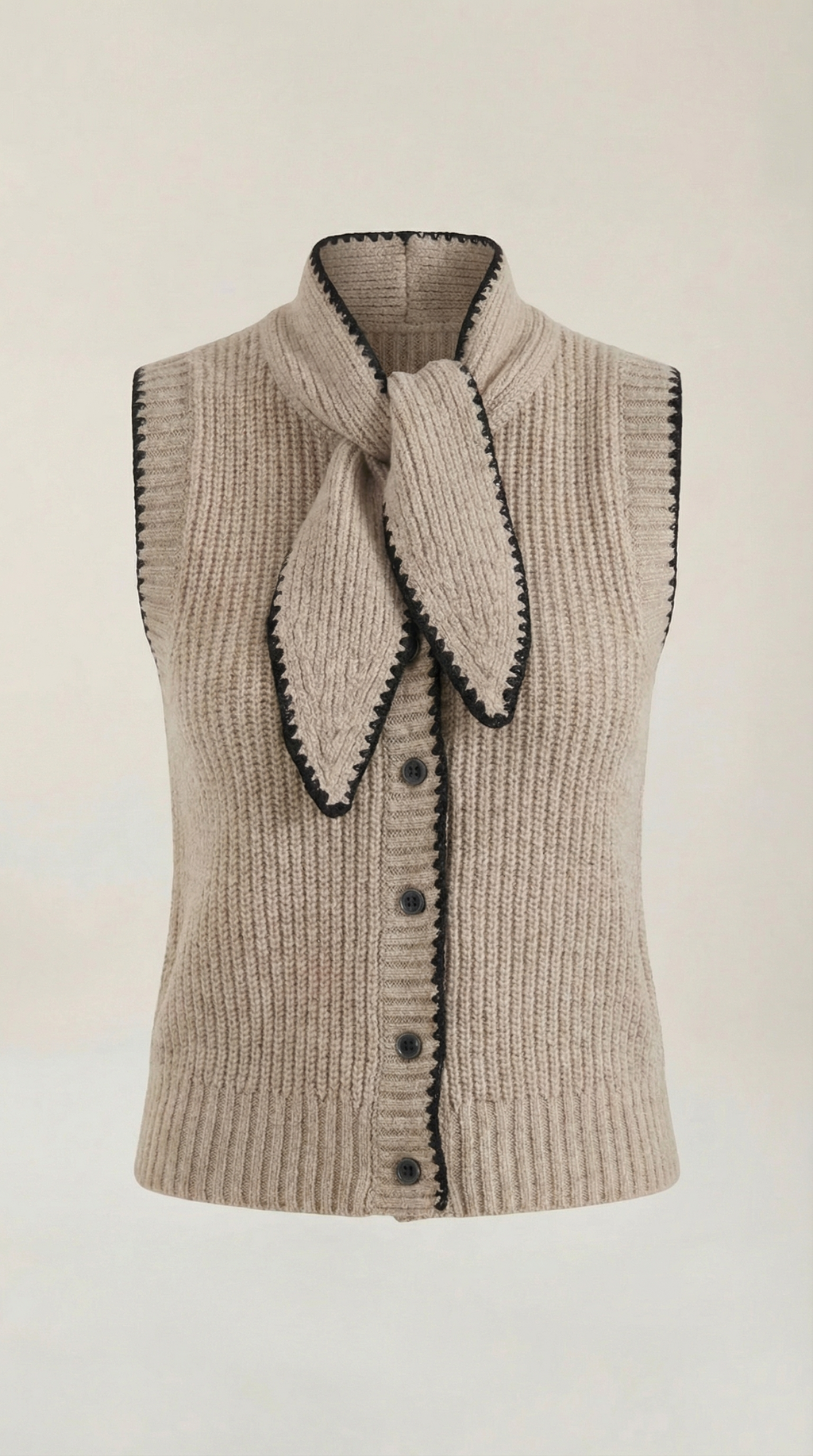 Women's sleeveless knitted cardigan with tie collar and button front