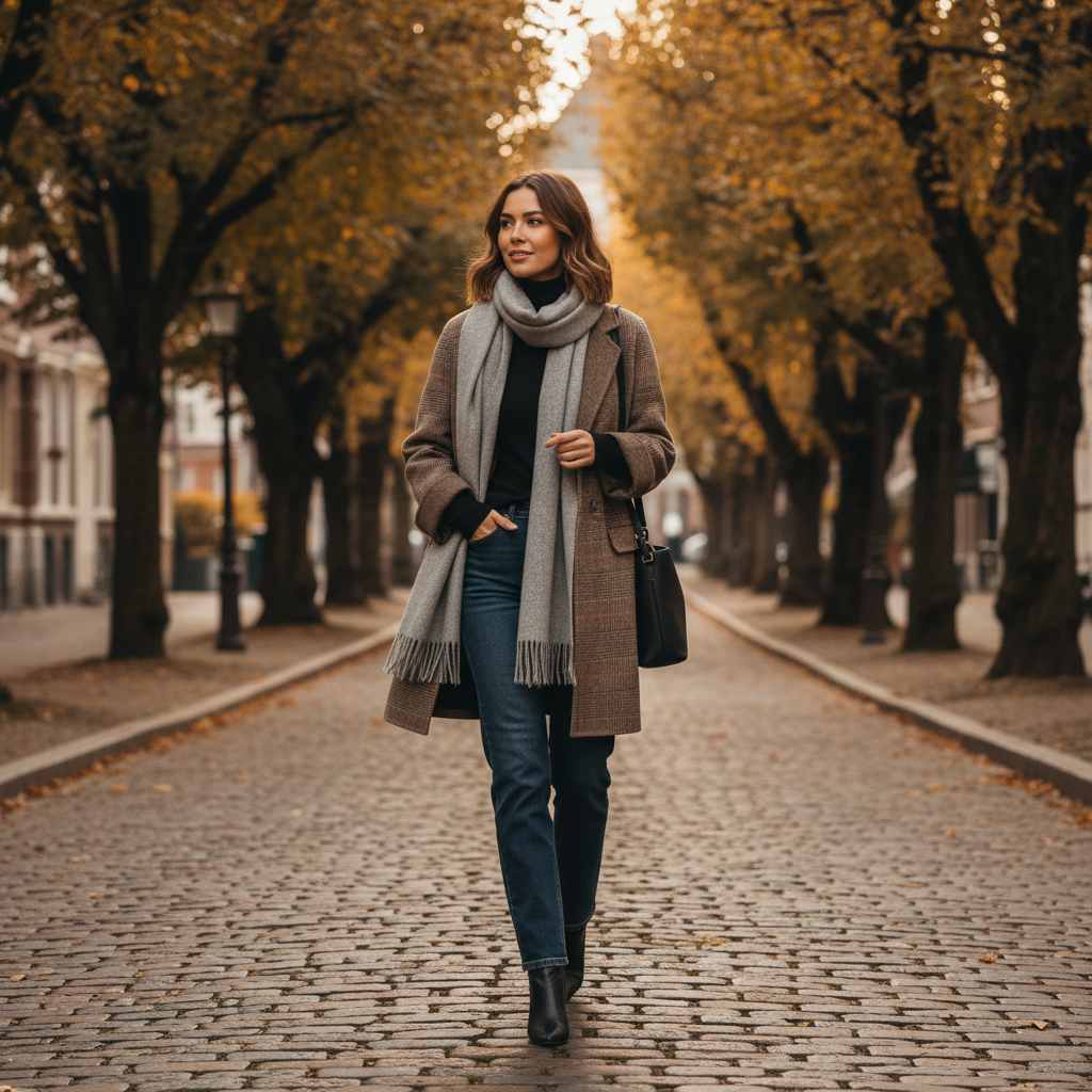 Women's checked trench coat with notch lapels and patch pockets