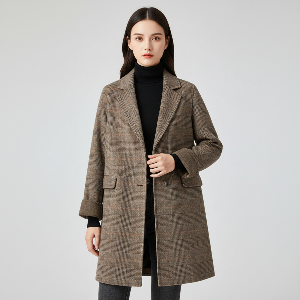 Women's checked trench coat with notch lapels and patch pockets