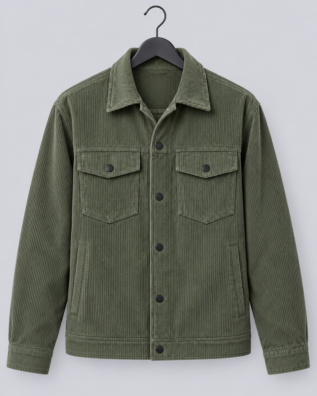 Men's green corduroy overshirt jacket with a button front and chest pockets