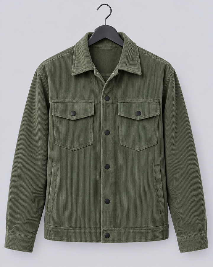 Men's green corduroy overshirt jacket with a button front and chest pockets