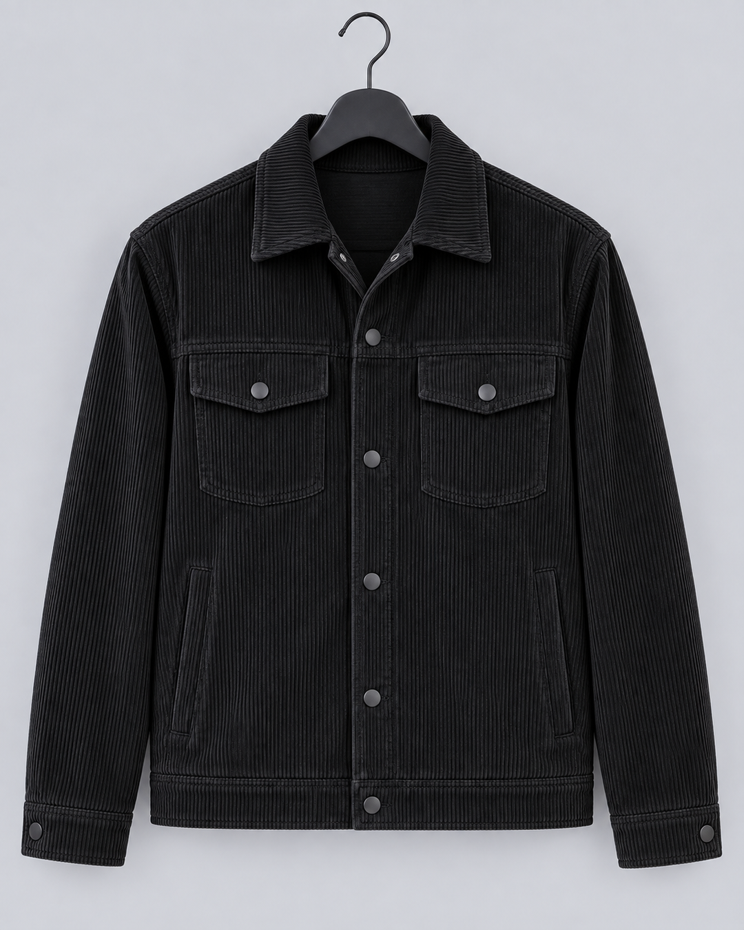 Men's black corduroy overshirt jacket with a button front and chest pockets