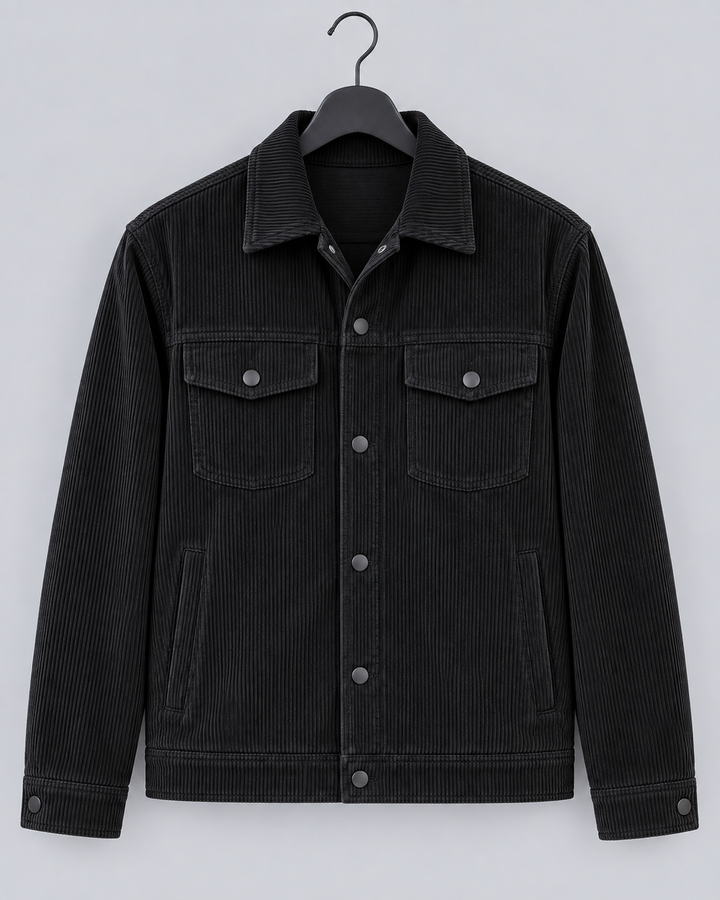 Men's black corduroy overshirt jacket with a button front and chest pockets